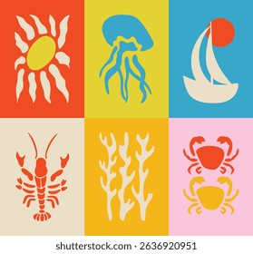 Abstract summer botanical doodle background art vector set. Hand drawn coral, jellyfish, boat, lobster, crab. Design for print, wallpaper, clipart, wall art for home decoration.