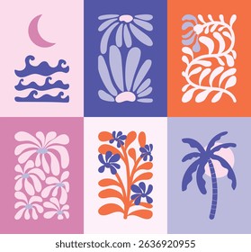 Abstract summer botanical doodle background art vector set. Hand drawn flower, leaves, sea wave, sun, moon, coconut tree. Design for print, wallpaper, clipart, wall art for home decoration.