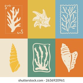 Abstract summer botanical doodle background art vector set. Hand drawn coral, shell. Design for print, wallpaper, clipart, wall art for home decoration.