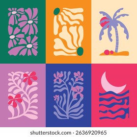 Abstract summer botanical doodle background art vector set. Hand drawn flower, leaves, sea wave, sun, moon, coconut tree. Design for print, wallpaper, clipart, wall art for home decoration.