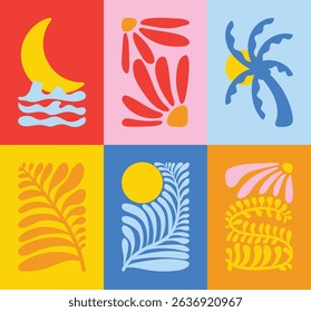 Abstract summer botanical doodle background art vector set. Hand drawn flower, leaves, sea wave, sun, moon, coconut tree. Design for print, wallpaper, clipart, wall art for home decoration.