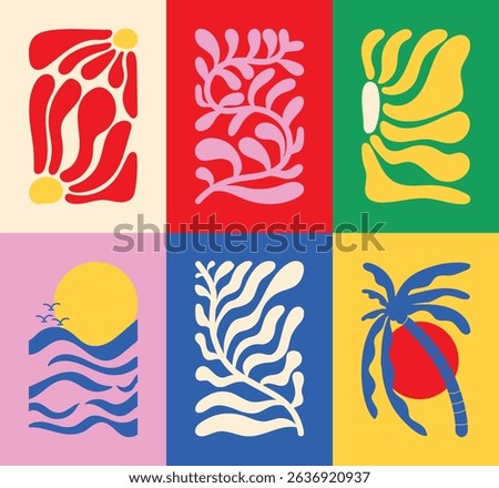 Abstract summer botanical doodle background art vector set. Hand drawn flower, leaves, sea wave, moon, bird. Design for print, wallpaper, clipart, wall art for home decoration.