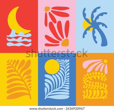 Abstract summer botanical doodle background art vector set. Hand drawn flower, leaves, sea wave, sun, moon, coconut tree. Design for print, wallpaper, clipart, wall art for home decoration.