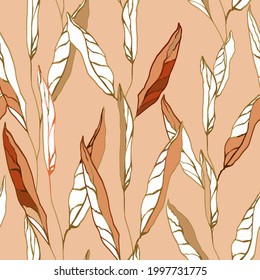 Abstract summer botanical pattern. Large variegated contrasting leaves on an orange background. The vertical direction of the drawing. Endless vector illustration. EPS 10.