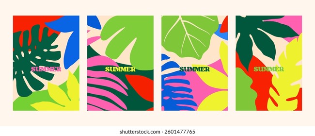 Abstract summer bright cards set with tropical leaves. Modern banner with monstera and tropical plants. Flat vector illustration. Colorful floral backgrounds.
