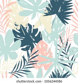 Abstract summer bright floral seamless pattern with trendy hand drawn textures. Textured leaf. Modern abstract design for paper, cover, fabric, interior decor. Tropical leaves. Vector illustration