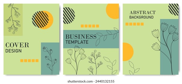 Abstract summer cards, banners, flyers with a geometric pattern of simple shapes, with hand-drawn leaf elements in a trendy style. Template for design, sales, social networks, network.