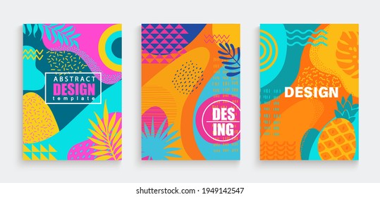 Abstract summer cards,banners,flyers with spotty pattern of geometric figures,line,wave,dot in trendy memphis style.Fluid shapes in summertime backgrounds.Template for design,sales,social media,web.