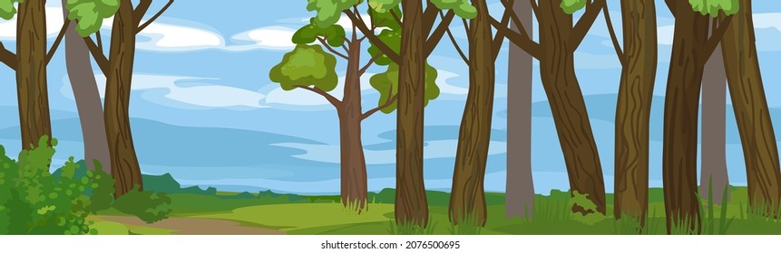 Abstract summer cartoon panoramic landscape with blue sky and thick trunks of old trees in grove