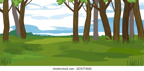 Abstract summer cartoon panoramic landscape with blue sky and thick trunks of old trees in grov