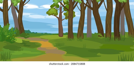 Abstract summer cartoon panoramic landscape with blue sky and thick trunks of old trees in grove