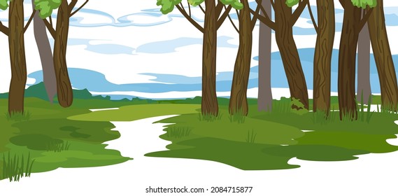 Abstract summer cartoon panoramic landscape with blue sky and thick trunks of old trees in grove