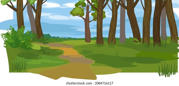 Abstract summer cartoon panoramic landscape with blue sky and thick trunks of old trees in grove