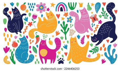 Resumen de gatos de verano, perros dibujando animales. Jardín de primavera moderno, hojas de limón natural y arco iris, adorno de moda. Feliz gatito dibujado a mano, lindas mascotas aisladas. Fondo del patrón vectorial