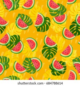 Abstract summer colored seamless patterns With tropical leaves and watermelons