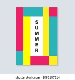 Abstract summer cover design. With square. Geometric square template usable for poster,cover,brochure and flyer design. Flat pink, blue and yellow color.