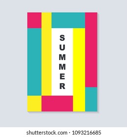 Abstract summer cover design. With square. Geometric square template usable for poster,cover,brochure and flyer design. Flat pink, blue and yellow color.