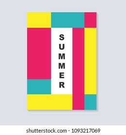 Abstract summer cover design. With square. Geometric square template usable for poster,cover,brochure and flyer design. Flat pink, blue and yellow color.