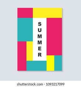 Abstract summer cover design. With square. Geometric square template usable for poster,cover,brochure and flyer design. Flat pink, blue and yellow color.