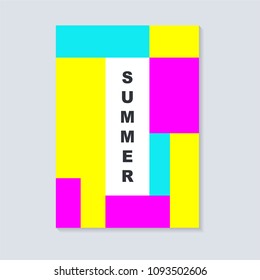 Abstract summer cover design. With square. Geometric square template usable for poster,cover,brochure and flyer design. Flat pink, blue and yellow color.