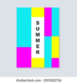 Abstract summer cover design. With square. Geometric square template usable for poster,cover,brochure and flyer design. Flat pink, blue and yellow color.