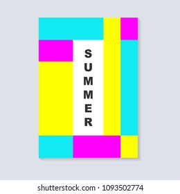 Abstract summer cover design. With square. Geometric square template usable for poster,cover,brochure and flyer design. Flat pink, blue and yellow color.