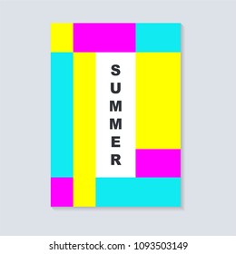 Abstract summer cover design. With square. Geometric square template usable for poster,cover,brochure and flyer design. Flat pink, blue and yellow color.
