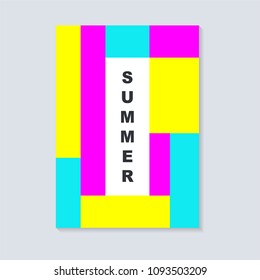 Abstract summer cover design. With square. Geometric square template usable for poster,cover,brochure and flyer design. Flat pink, blue and yellow color.