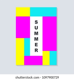 Abstract summer cover design. With square. Geometric square template usable for poster,cover,brochure and flyer design. Flat pink, blue and yellow color.