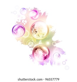 Abstract summer decoration with different flowers in round shapes over white background