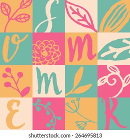 Abstract summer design with hand drawn floral and typographic elements.