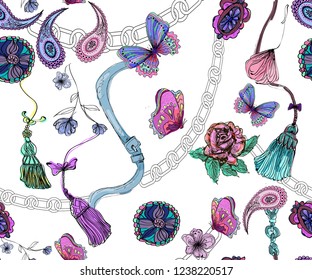 abstract summer design with paisley, chains elements, flower and butterflies on white background, seamless vector pattern