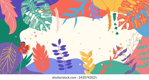 Abstract summer design-background with multicolored tropical leaves and flowers, dots. Colorful vector illustration done in green, beige, orange, yellow, violet colors. For cards, banners, wallpaper