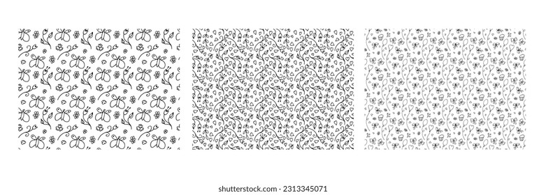 Abstrakter Sommer-Doodle-Hintergrund-Set. Drei Musterkollektionen. Nahtlose Muster mit Blumen, Schmetterlinge Linie Stil. Freehand Wiederholte Vektorgrafik für Tapeten, Verpackungspapier, Textilien. Schwarz-Weiß
