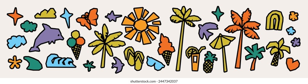 Abstract summer doodle shapes. Vector childish cutout collage background. Flat geometric stylized summer design element set. Simple Matisse inspired playful quirky illustration on off-white background