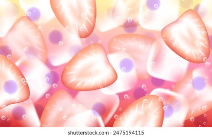 Abstractas verano de ensueño de fondo de textura de primer plano de cóctel de fresa y cubos de hielo, burbujas de aire. Ilustración de stock de Vector.