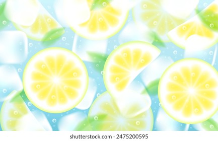 Abstrakte sommerliche verträumte Hintergrundstruktur Nahaufnahme Zitrone und Minze Cocktail, Eiswürfel, Luftblasen. Vektorgrafik Stock Illustration.