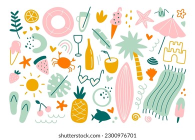 Abstract summer elements flat illustrations.Shapes of crab, fishes, cocktail drinks, tropical leaf, fruits and ice cream. Shape designs