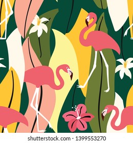 Abstrakte Sommer exotische Muster mit Flamingos und tropischen Blättern.Vektorillustration nahtlose Textur. Trendy Illustration.