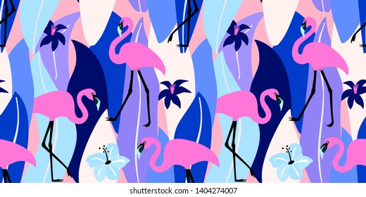 Abstrakte Sommer exotische Muster mit Flamingos und tropischen Blättern.Vektornahtlose Textur. Trendy Illustration.