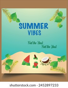 Abstract Summer Festival Template. Suitable for poster, flyer, banner, brochure, post in social networks, advertising, events and page cover. Product display and sandy beach with summer vibes.