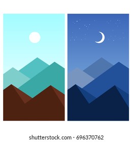 Abstract summer flat mountain landscape. Daytime, night. Wallpaper for mobile device