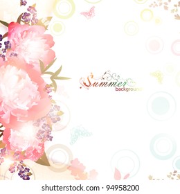 Abstract summer floral background with butterflies and peony flowers, copyspace