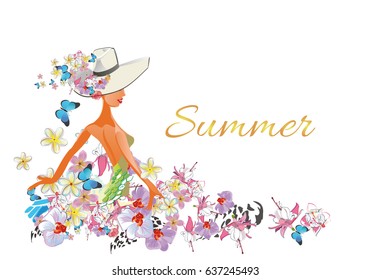 Abstract summer floral background with a girl in a hat.