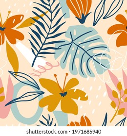 Abstract summer floral seamless pattern. Modern shapes exotic jungle plants illustration pattern