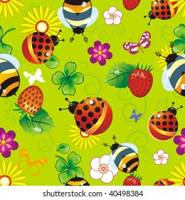 Abstract summer floral seamless pattern with butterfly and bee