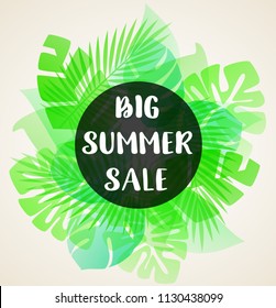 Abstract summer floral vector tropical background with green palm leaves. Banner for seasonal summer sale.