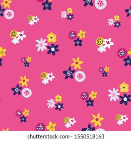 Abstract summer florals seamless vector background. Scandinavian style pattern flat folk art ditsy flowers. Yellow, dark blue and white flowers on a pink background. Use for fabric, wallpaper, decor