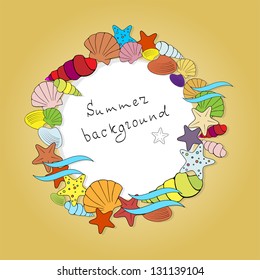 abstract summer frame with hand drawn seashells on the sand background vector