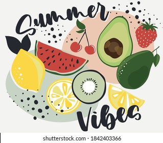 Abstract Summer fruits cartoon illustration with slogan print - Graphic Vector pattern for kids and girl tee / t shirt 